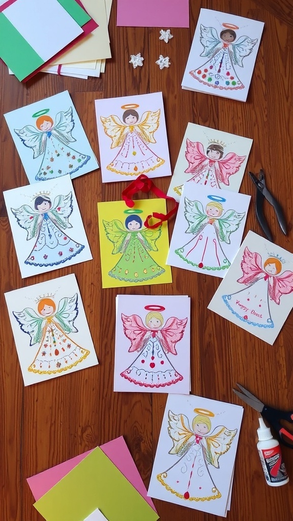 Handmade Angel Christmas Cards Handmade angel Christmas cards with colorful designs and embellishments on a wooden table.